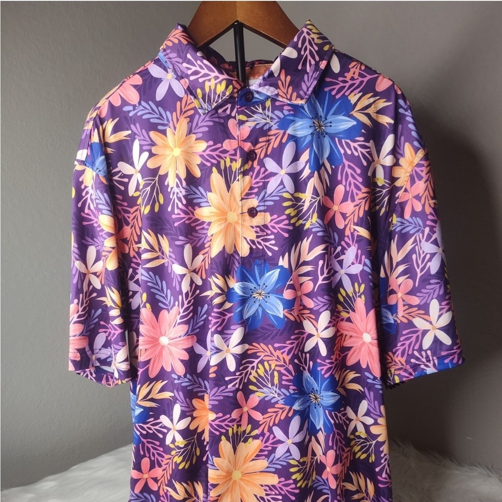 Royal & Awesome Polo Shirt Mens Large Purple Floral Short Sleeve Golf WD21258